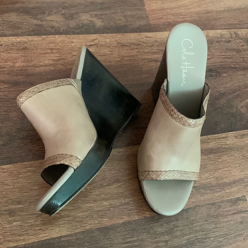 Cole haan beige wooden heel platform wedge slide